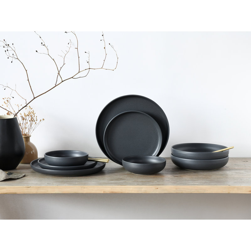 8 Pcs. Uno Stoneware Crockery Set For 2 People, Black