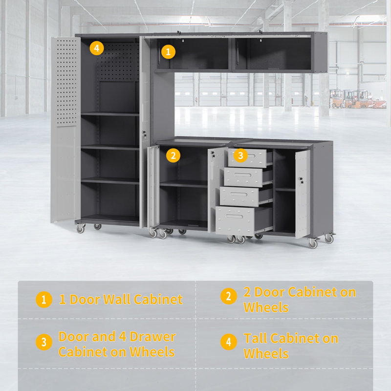 Heavy Duty Steel Garage Storage Cabinet System | 5-Piece Modular Workshop Set with Rolling Tool Cabinets & Lockable Wall Cabinets | Easy Assembly Garage Organization for Tools & Equipment