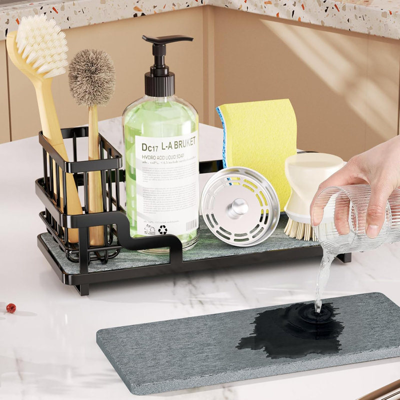 Serviteur de cuisine en acier inoxydable avec plateau absorbant en diatomite et porte-brosse, Noir mat