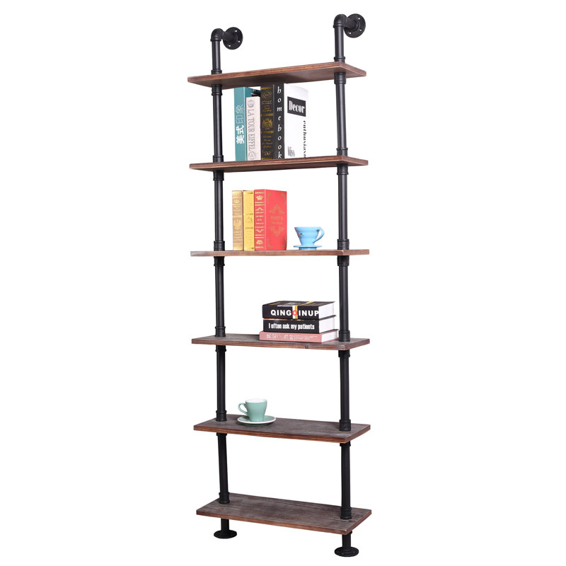 Industrial Pipe Cremorne Rustic Modern Wood Ladder Bookcase With Metal Frame,pipe Wall Shelf,wood Storage,home Decor,display Shelving,retro Floating Wood Shelving,6 Layer Bookshelf