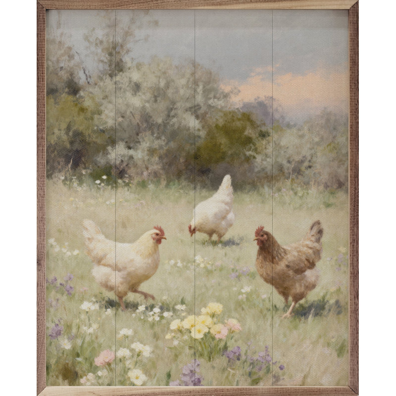 Chickens Playing In Pasture One, H 20 po x l 16 po