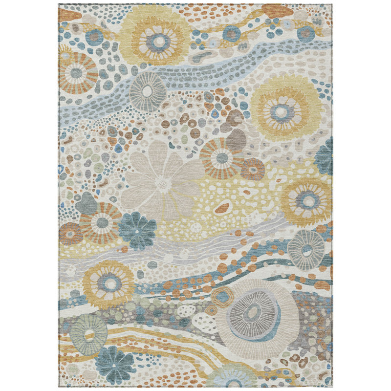 Machine Washable Indoor/Outdoor Chantille ACN2498 Floral Rug, Ivory, 5' x 7'6"