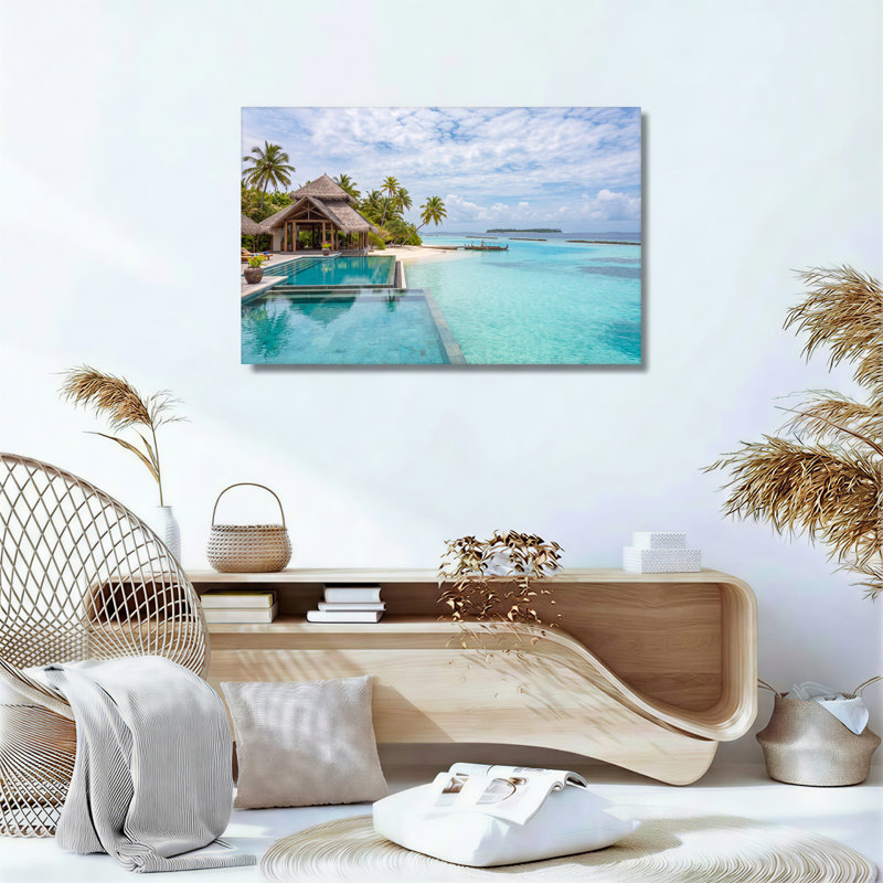 Toile tropicale avec toit de chaume et toile turquoise, 16"H x 24"W