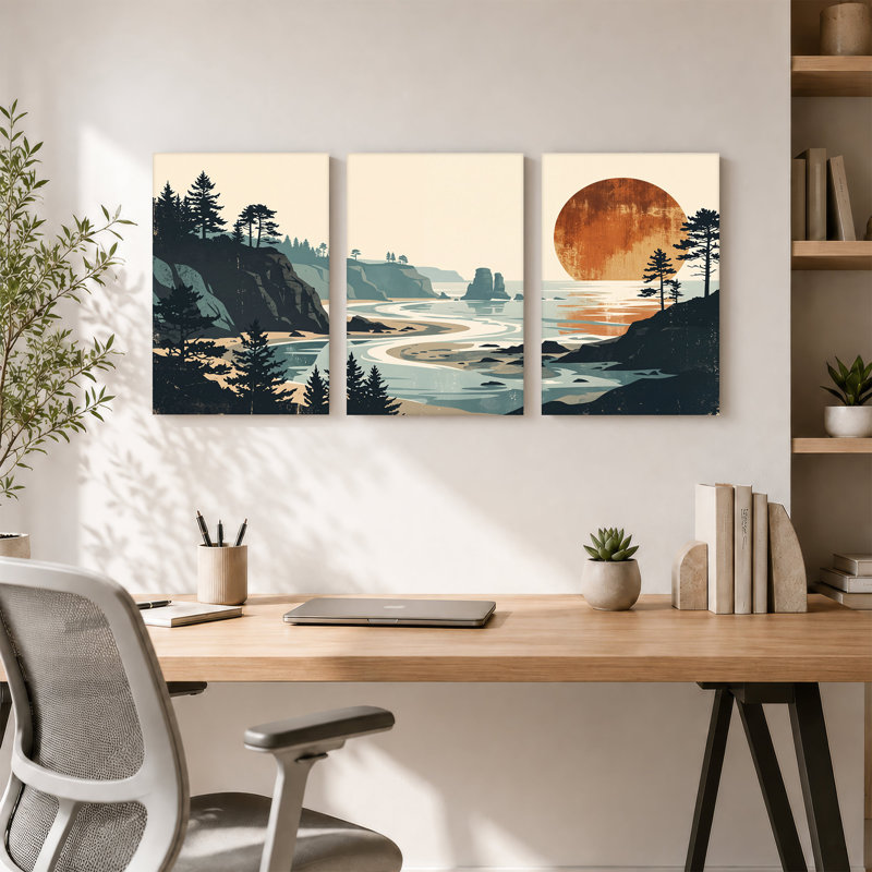 «Coastal Cliff and Pine Trees with Large Rust», ensemble de 3 toiles murales, 18"H x 12"W x 3pcs