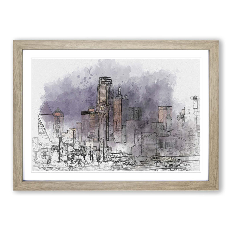 Dallas Texas Skyline at Dusk in Abstract - Picture Frame Graphic Art Print, 36cm H x 48cm W x 2cm D, Oak Framed