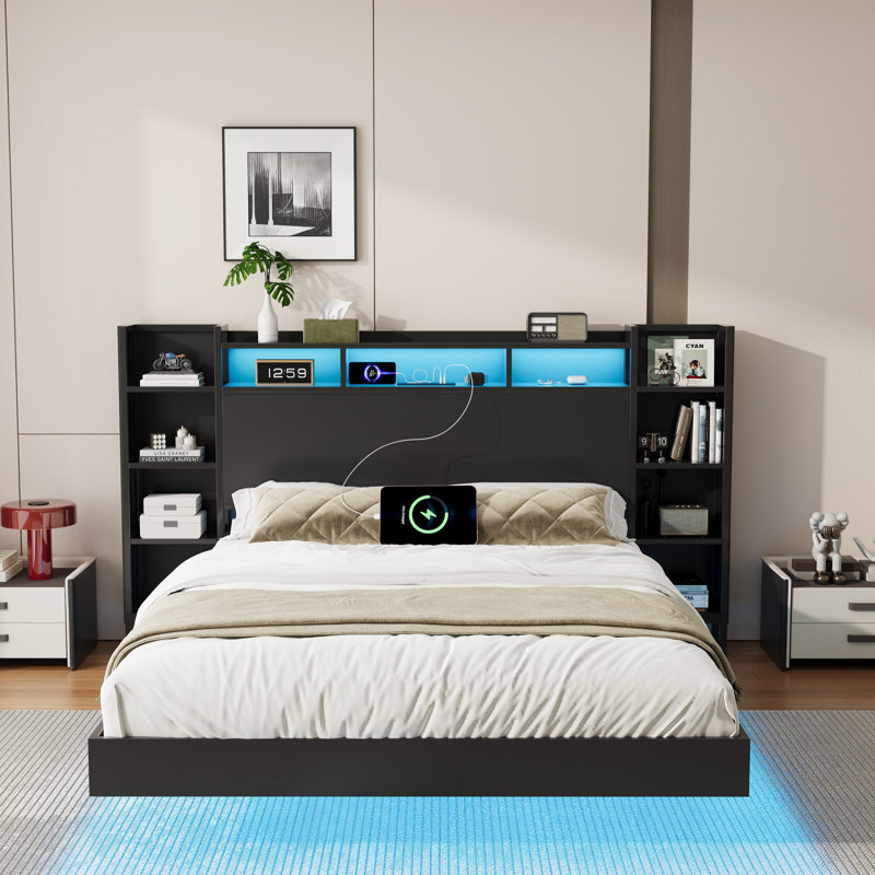 Base de lit flottante pleine grandeur avec lumière DEL, station de charge USB et tête de rangement, plateforme en métal robuste, noir