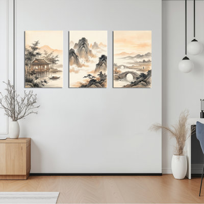 Ensemble de 3 tableaux sur toile représentant des paysages chinois, parfaits pour décorer un salon ou une chambre.
