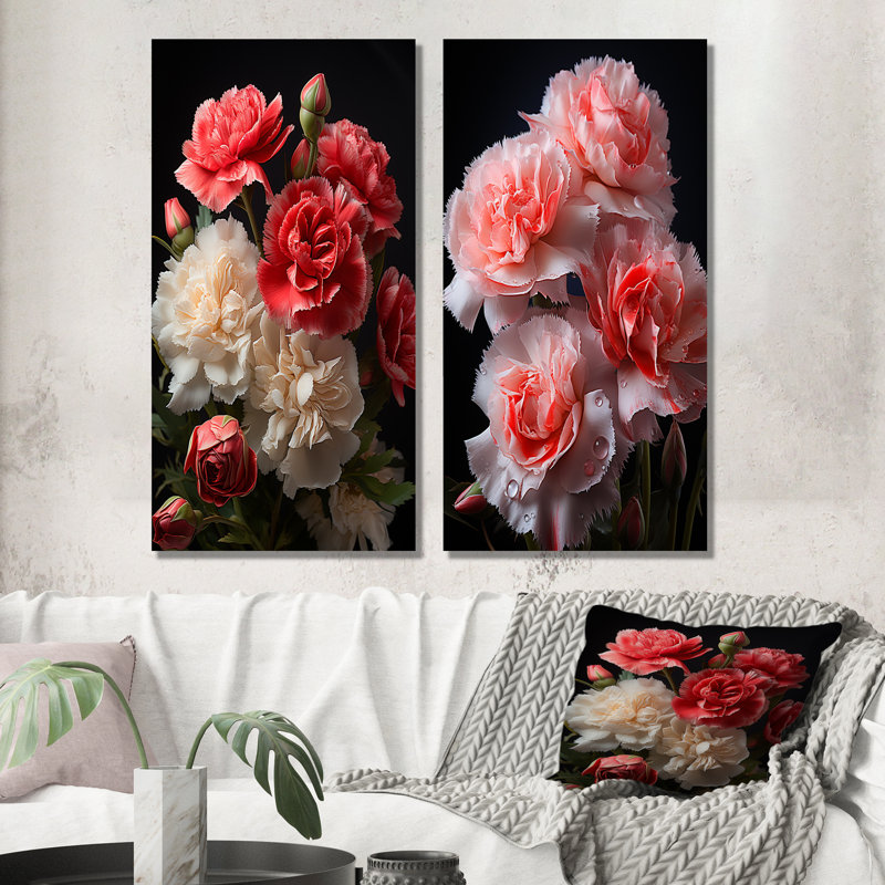 Nature morte avec œillets en fleurs roses I - œillets, ensemble de 2 reproductions d'art sur toile, Toile tendue