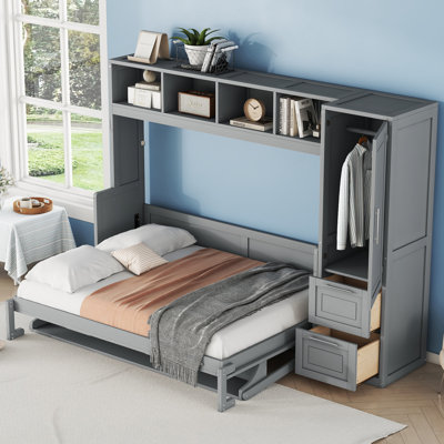 Full Size Murphy Bed with Closet, Drawers & Side Flip Design, Space-Saving Wall Bed with Storage, Gray