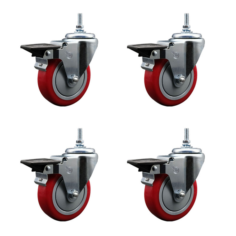 Ensemble de roulettes à tige filetée de 4 po en polyuréthane de 3/8 po avec frein, Rouge