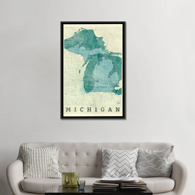 «Michigan Map», impression sur toile, H 26 po x l 18 po x P 1,5 po, Toile avec cadre noir, Pas de tapis