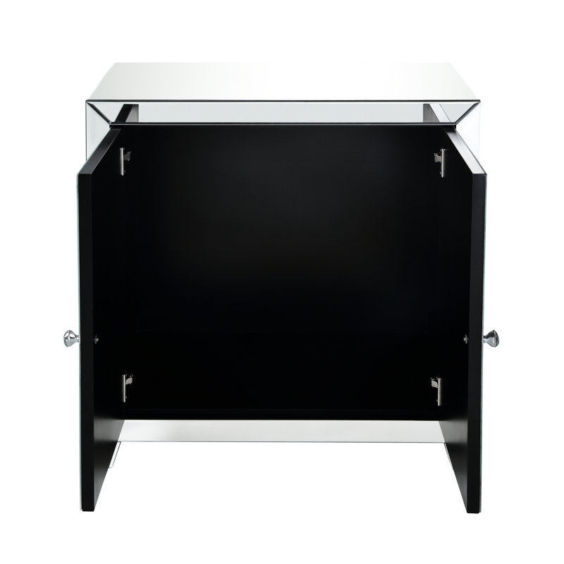 Console en miroir avec façade en faux diamants, 2 portes de rangement, pieds fuselés, verre trempé de 4 mm, table à garniture de 32 po, garniture en forme de «X», large