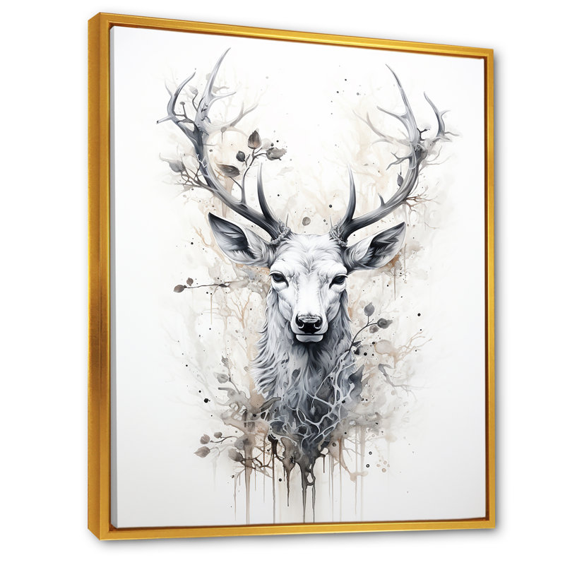 Portrait de cerf noir et blanc sur toile, Cadre flottant doré, H 44 po x l 34 po x P 1,5 po