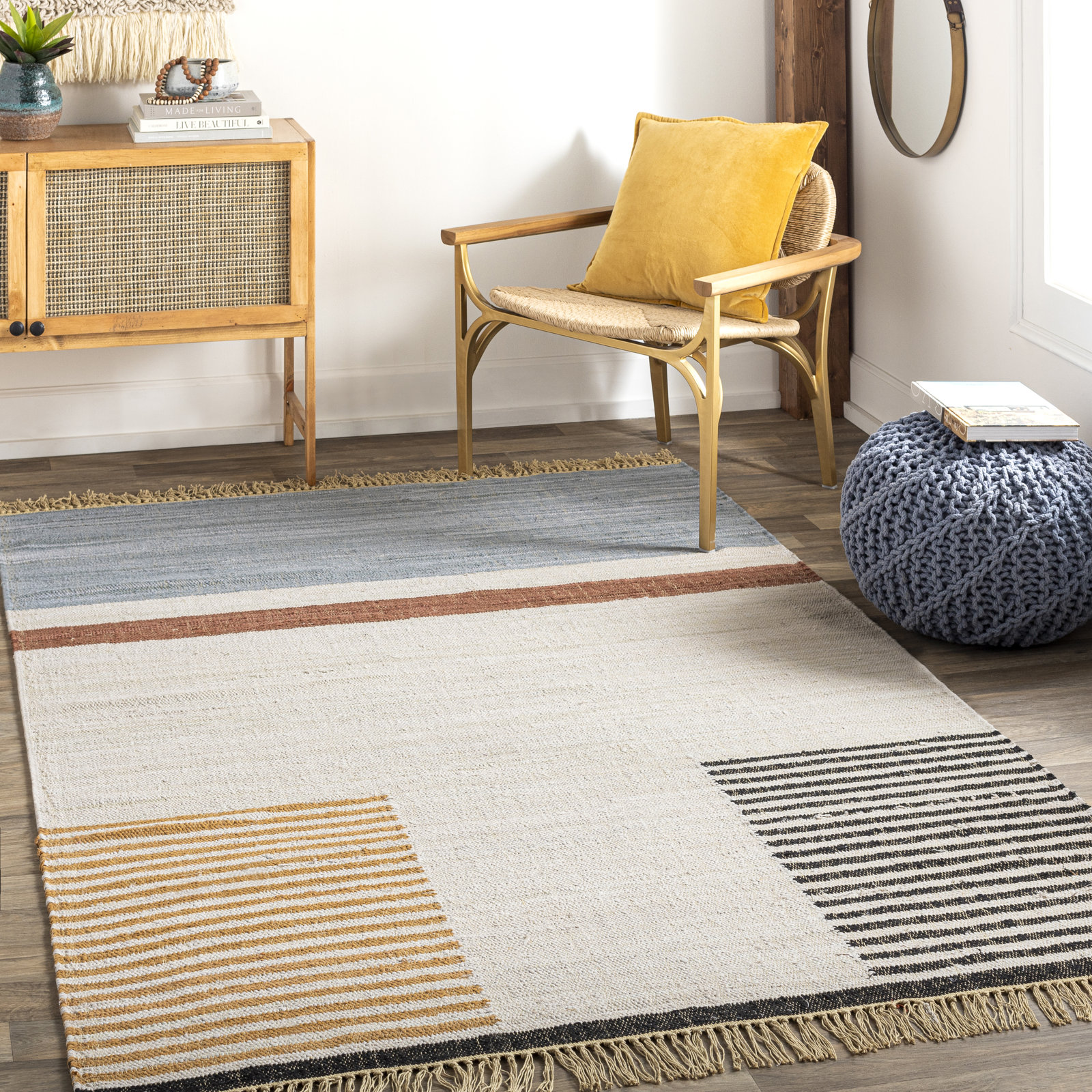 Avenue Cream Black Hand-Woven Cotton Rug, Rectangle 8'10" x 12'