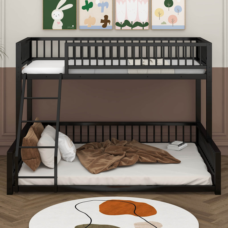 Twin XL Over Queen Bunk Bed,  Metal Bunk Bed With Safety Ladder And Full-Length Guardrails, Bed Frame With Slats Support
