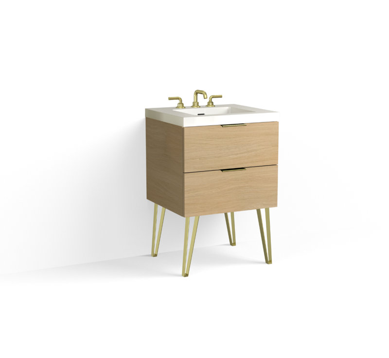Avila 24" W Freestanding Single Bathroom Vanity with Dawson Leg, Gloss White/8" Widespread, Nocino, Satin Brass