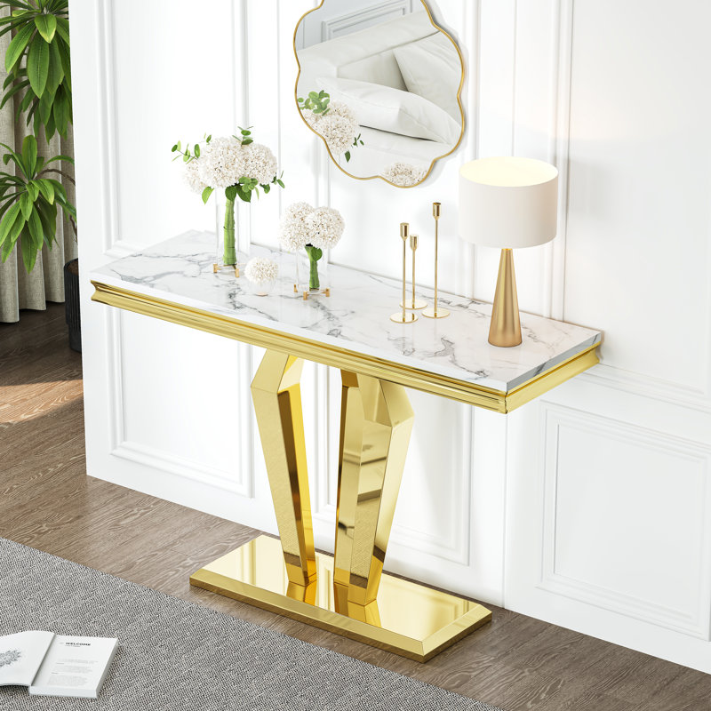 46.8" Console Table With Faux Marble Top & Stainless Steel Frame, White/Gold