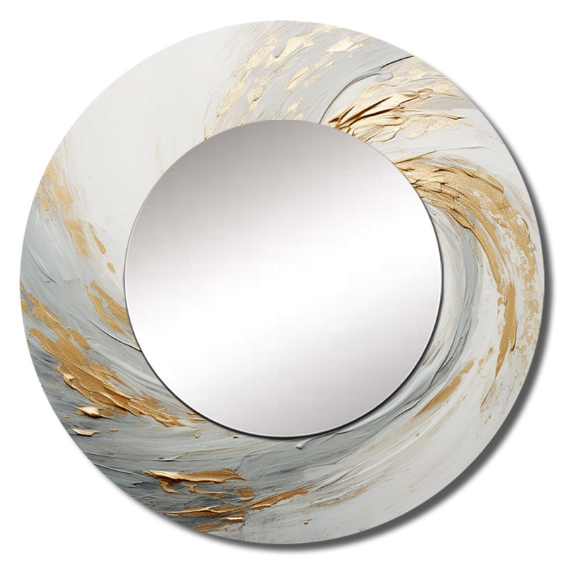 Vortex doré doré et blanc Vortex IV - miroir décoratif abstrait spirales, grand miroir rond beige, impression d'art en métal