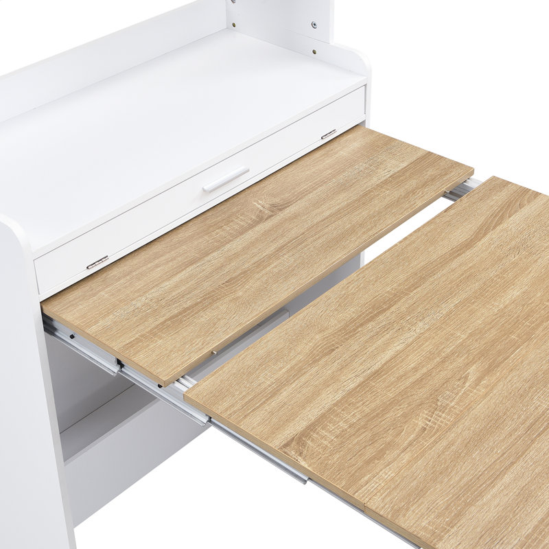 Buffet With Hutch And Foldable Dining Table, Multifunctional Cupboard With Storage Shelf And Side Hooks, Brown/White