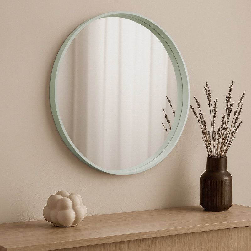 Muazzam Round Wall Mirror, 50cm, Wooden Deep Framed Circle Mirror, Green