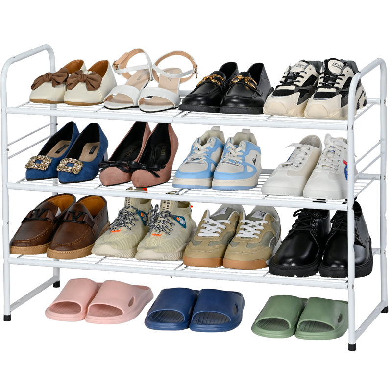 32'' Wide 3-Tier Wire Grid Shoe Rack Shelf for Closet Stackable and Adjustable, White
