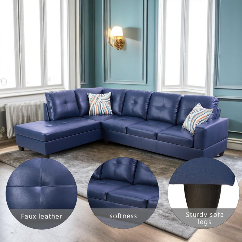 Bawan Faux Leather L-Shaped Sectional, Left Hand Facing, Navy Faux Leather