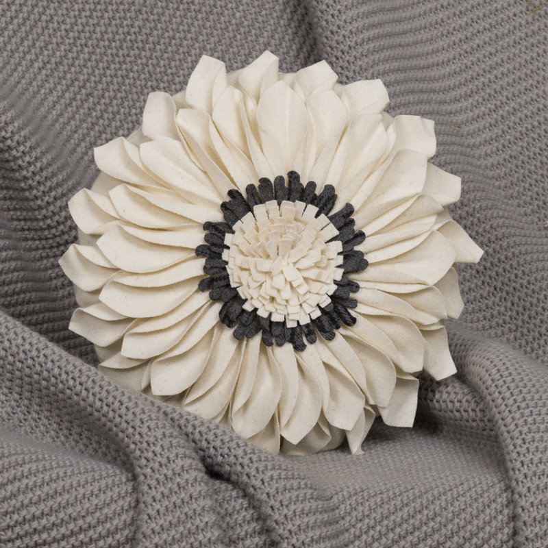 Appliqued Throw Pillow 3D Sunflower Accent Pillow Cover & Insert, White with Gray Center - Wool, Square 14"