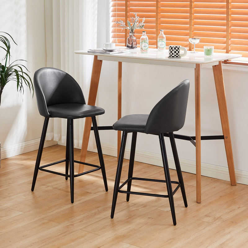 2X Faux Leather Bar Stools, Modern Counter Height Barstools With Back, Footrest And Metal Legs, Dining Chairs For Kitchen Island,Black