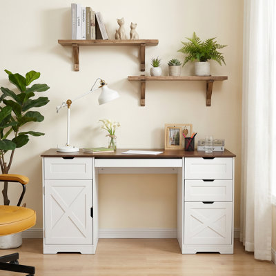Bureau de ferme 59 po avec station de charge et 4 tiroirs, bureau d'ordinateur en bois avec plateau à clavier et tablette ajustable pour le bureau personnel