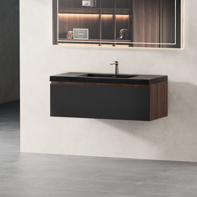 36'' Wall - Mounted Bathroom Vanity With Scratch Black Quartz Sink, Wave Textured Soft Close Drawers, Smoked Walnut Material, Quick Installation Time Floating Convenient
