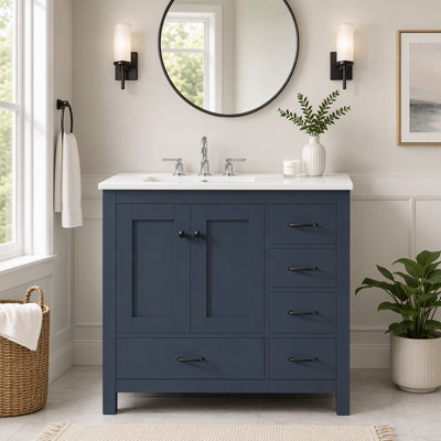 Meuble-lavabo 36 po avec lavabo en céramique, armoire de rangement abondante, 2 portes à fermeture en douceur et 5 tiroirs