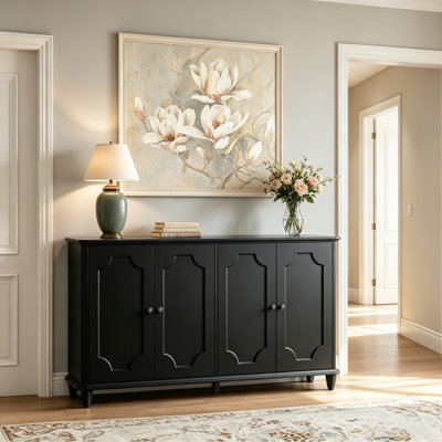Buffet de style champêtre, dosseret vintage à 4 portes avec portes à panneaux incurvés en relief, console de rangement fermée pour entrée, salon ou cuisine, noir