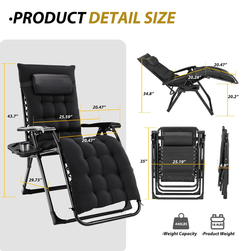 Zero Gravity Chair With Cup Holder & Removable Cushion – Reclining Patio Lounge Chair For Outdoor, 440lb Capacity, Lockable Adjustable Back, Foldable For Camping, Beach & Pool