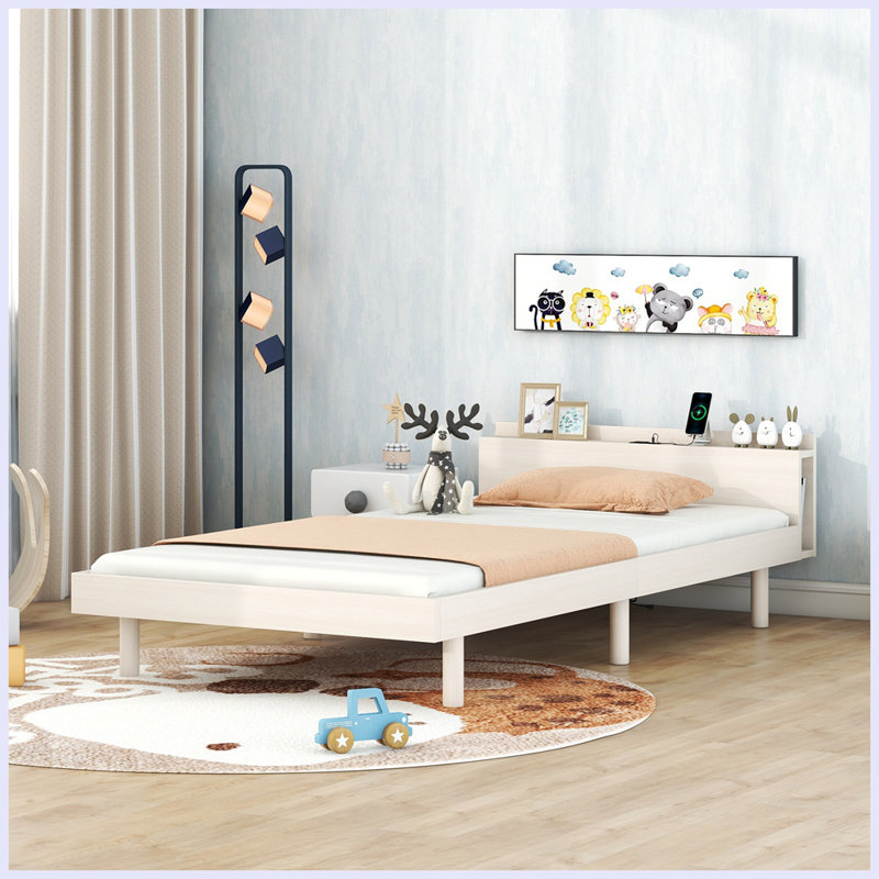 Bed Frame With Built-in USB Port on Shelves Headboard, White Washed