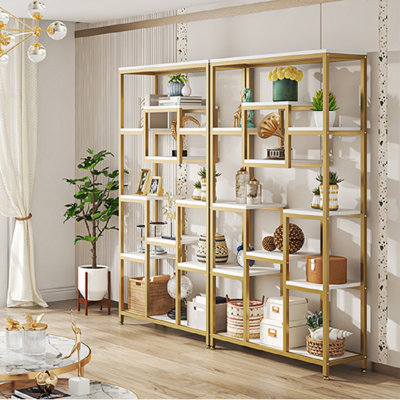 White And Gold Geometric Bookshelves Set Of 2, Large Tall Display Book Shelf