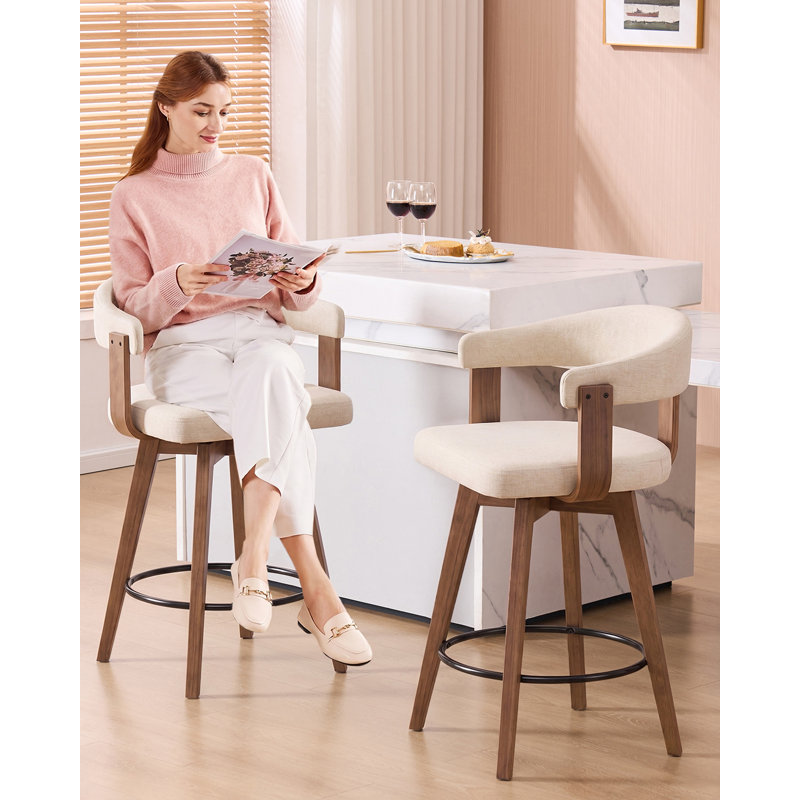 Swivel Upholstered Bar Stools 26" Counter Height, Beige Linen, 4, Brown