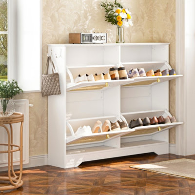 Mid-Century Narrow Design Tipping Bucket Shoe Cabinet With 4 Flip Drawers, Elegant Entryway Organizer With Rattan Doors And 2 Hooks, Freestanding 42.1W