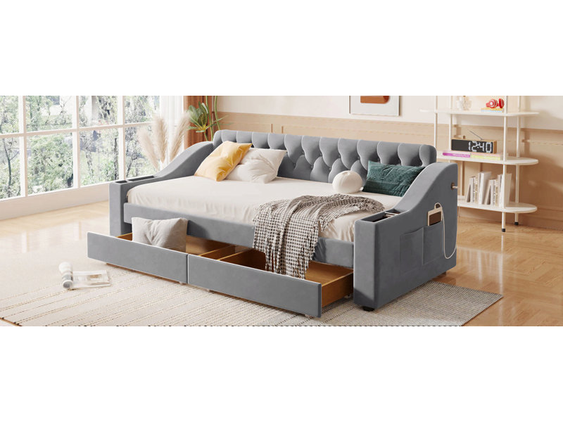 Lit de jour simple rembourré avec accoudoirs de rangement et port USB, Gris