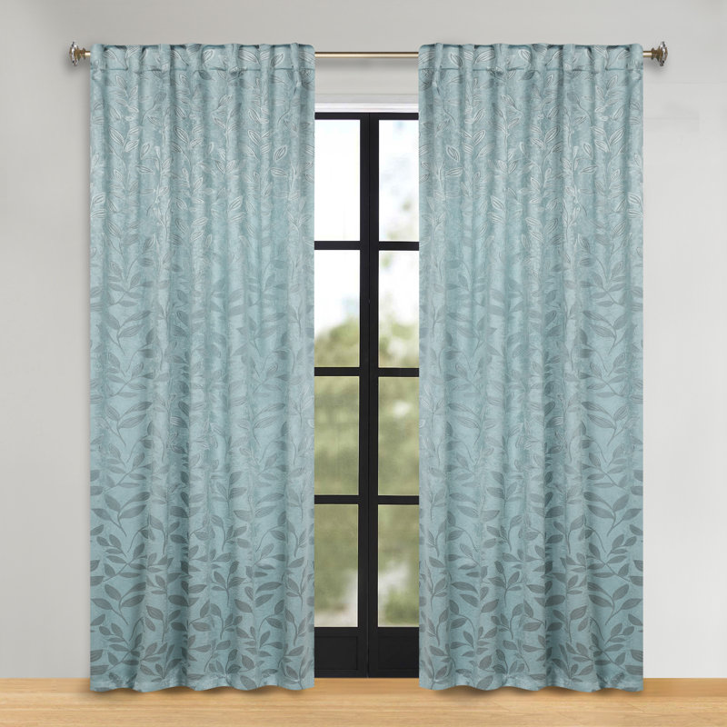  Leaves Pattern Machine Washable 100% Polyester Black Out Curtains with Back Tabs, 52" W x 84" L, Green Lily