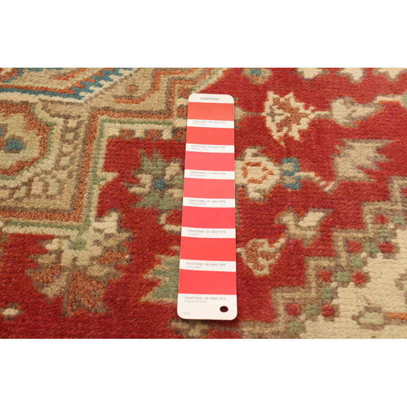 Tapis décoratif en laine noué à la main de conception unique 3 pi 11 po x 6 pi 1 po « New Age » rouge/vert/brun clair