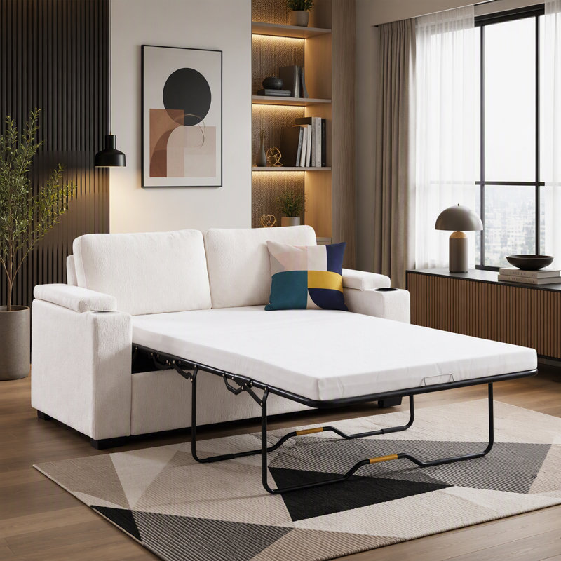 Canapé-lit escamotable de 56,7 po, causeuse convertible avec matelas double, canapé rembourré en chenille avec porte-gobelets et rangement