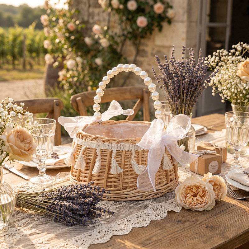 Panier de fille de fleur en osier tissé à la main avec poignée de perle, panier de mariage en rotin rustique avec pampille et ruban pour douche nuptiale, décoration intérieure, cadeau