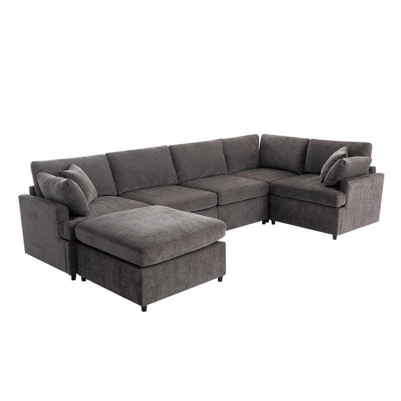 Canapé modulaire rembourré en U avec repose-pieds amovible Kian, Gris chenille