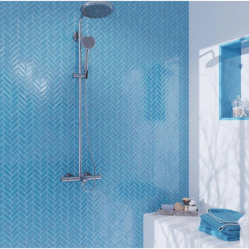 11"X 12.6" Herringbone Polished Glass Mosaic Tile, Sky Blue