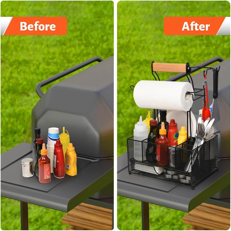 Grande boîte de rangement pour ustensiles de barbecue avec tiroir, boîte de rangement pour camping pique-nique avec porte-serviettes en papier, boîte de rangement pour outils de barbecue, boîte de rangement idéale pour les condiments de pique-nique e