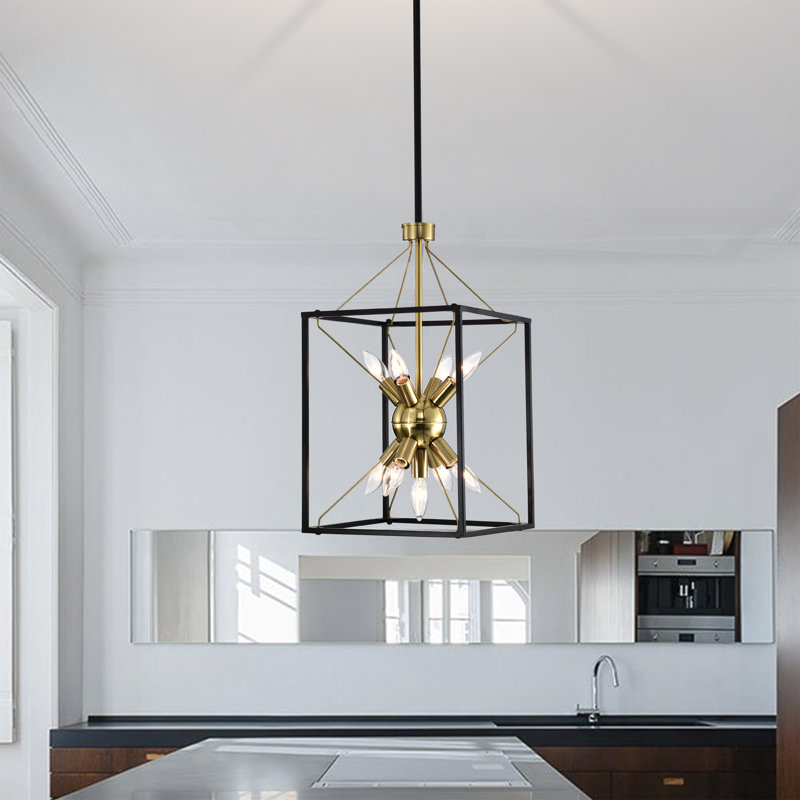 Lustre de style moderne et campagnard de 12 pouces Leshell à finition noire polie et laiton poli à 9 lumières