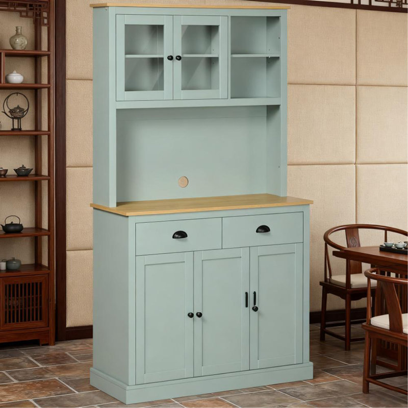 Buffet de cuisine autoportant avec huche avec tiroirs, portes en verre et tablettes réglables