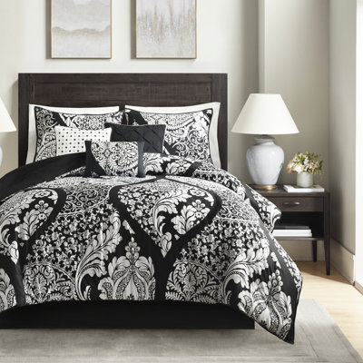 Black Queen Comforter - 7 Pieces. Intricate On Cotton Print. Fill. 2 Shams, 3 Pillows, 1 Comforter, . . Hassle- Maintenance Piece Printed Queen, Black. Pattern. . Includes Decorative Easy To Clean