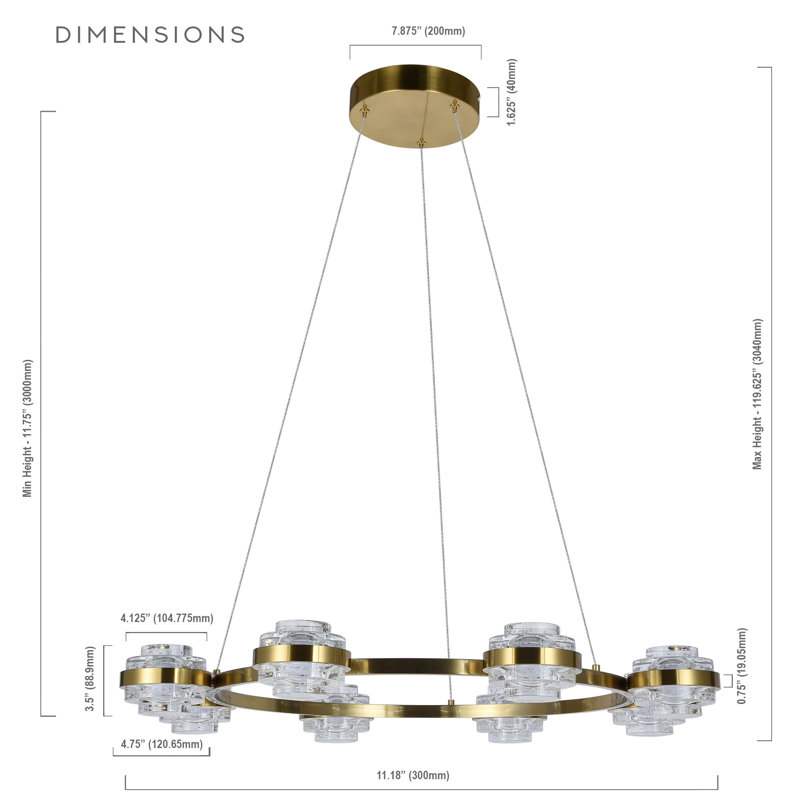Milano 33-In Ring 8-Light Height Adjustable ETL Certified Integrated LED Circular Chandelier, Antique Brass
