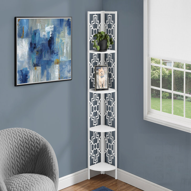 Étagère d'angle à 4 niveaux avec tablettes en stratifié et structure en métal pour un rangement peu encombrant au bureau ou dans la chambre à coucher